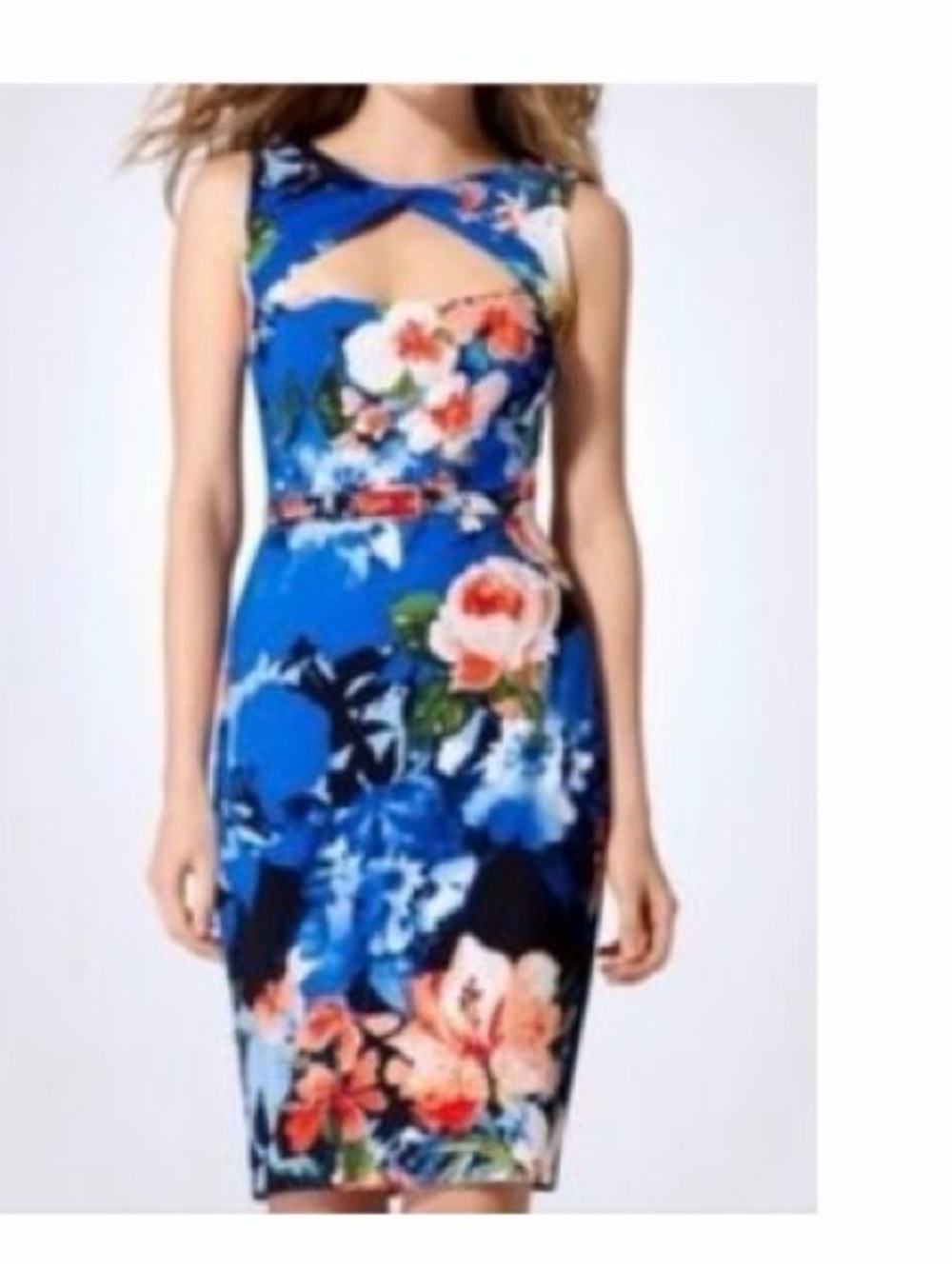 Cache Blue Floral Midi Dress with Coral and Pink Blooms